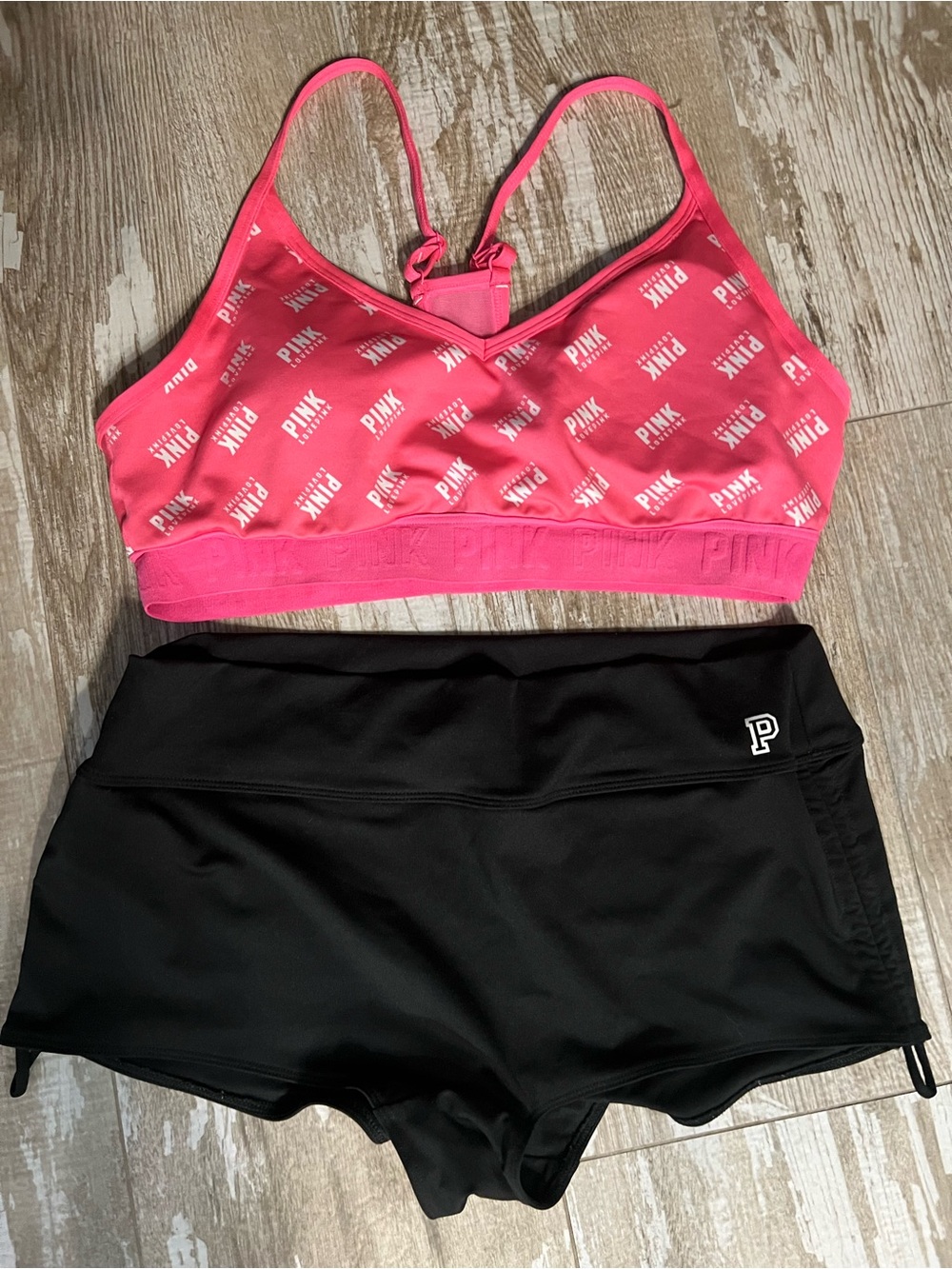 💗PINK VS Bikini! Gym to Swim Active Capri Pink/White Logo Top&Black Bottom Sz-L!